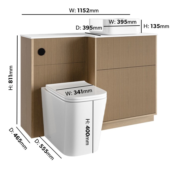1150mm Wooden Fluted Right Hand Toilet and Sink Unit with Square Toilet & Basin and Black Push Button - Matira