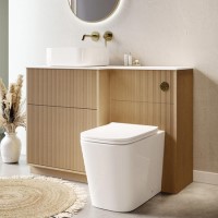 1150mm Wooden Fluted Left Hand Toilet and Sink Unit with Square Toilet & Basin and Brass Push Button - Matira