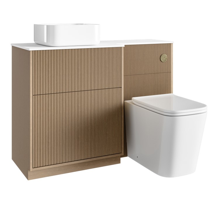 1150mm Wooden Fluted Left Hand Toilet and Sink Unit with Square Toilet & Basin and Brass Push Button - Matira