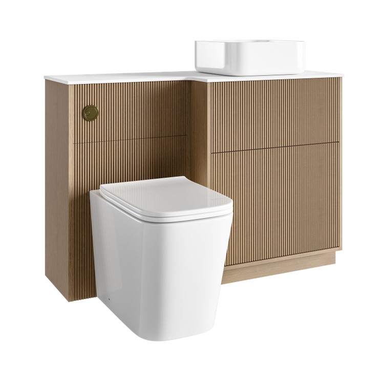 1150mm Wooden Fluted Right Hand Toilet and Sink Unit with Square Toilet & Basin and Brass Push Button - Matira