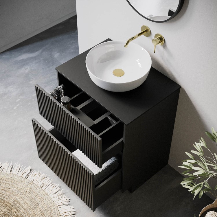 ONLY OPENED - 650mm Black Wooden Freestanding Countertop Vanity Unit with Round Basin - Matira