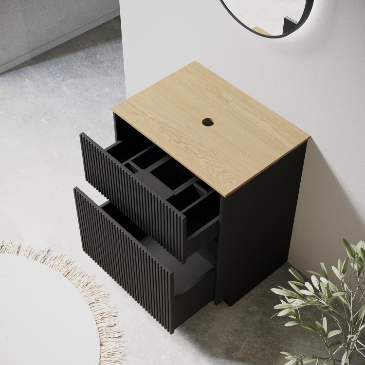 650mm Black Wooden Fluted Freestanding Countertop Vanity Unit with Wood Effect Worktop - Matira