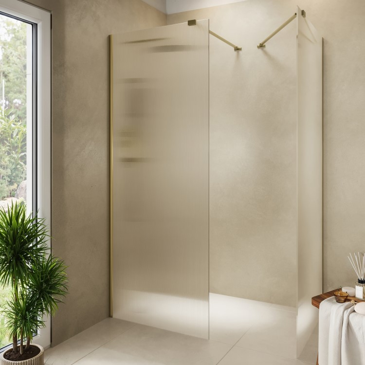 1400x800mm Brushed Brass Ribbed / Fluted Glass Double Shower Screen for Wet Room & Walk In Shower - Matira