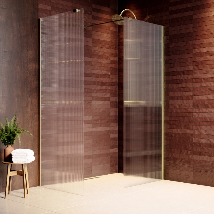 1400x800mm Brushed Brass Ribbed / Fluted Glass Double Shower Screen for Wet Room & Walk In Shower - Matira