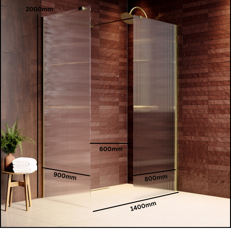 1400x900mm Brushed Brass Ribbed / Fluted Glass Double Shower Screen for Wet Room & Walk In Shower - Matira