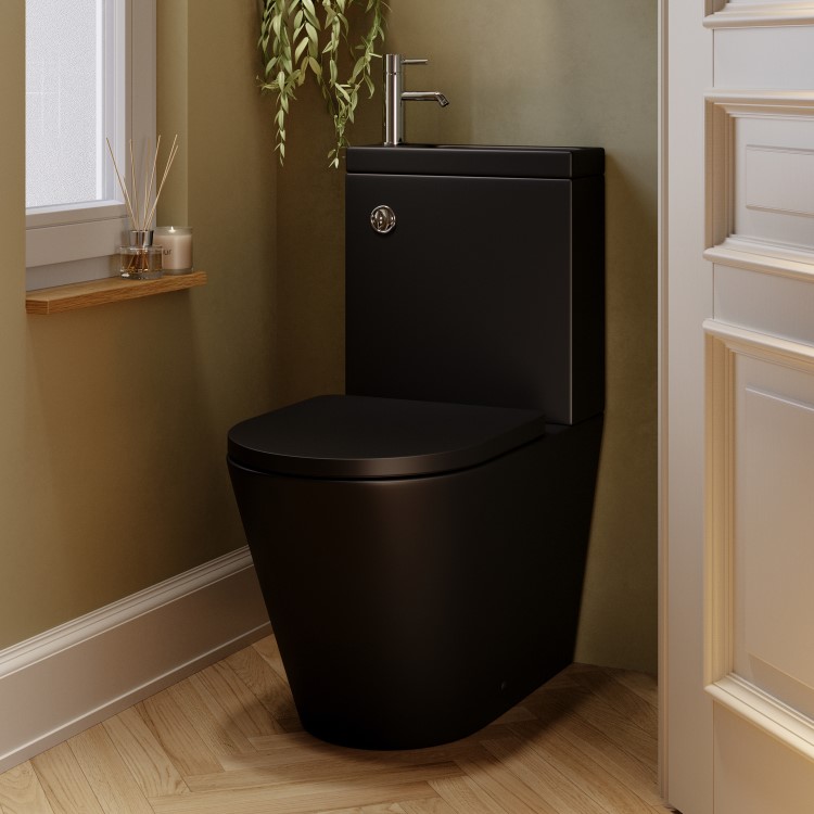 ONLY OPENED - Matt Black Close Coupled Closed Back Toilet with Chrome Fittings & Sink on Top - Legend