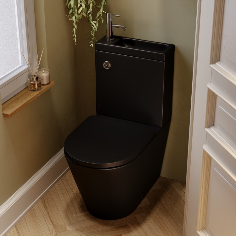 ONLY OPENED - Matt Black Close Coupled Closed Back Toilet with Chrome Fittings & Sink on Top - Legend