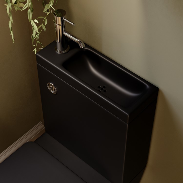 ONLY OPENED - Matt Black Close Coupled Closed Back Toilet with Chrome Fittings & Sink on Top - Legend