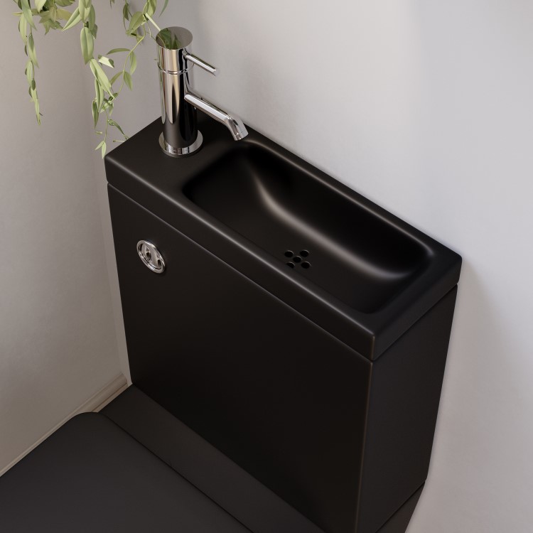 ONLY OPENED - Matt Black Close Coupled Closed Back Toilet with Chrome Fittings & Sink on Top - Legend