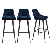 Set of 3 Navy Blue Velvet Bar Stools with Backs - Macie