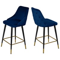 Set of 2 Navy Blue Velvet Kitchen Stools with Backs - Maddy