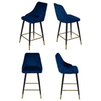Set of 4 Navy Blue Velvet Kitchen Stools with Backs - Maddy