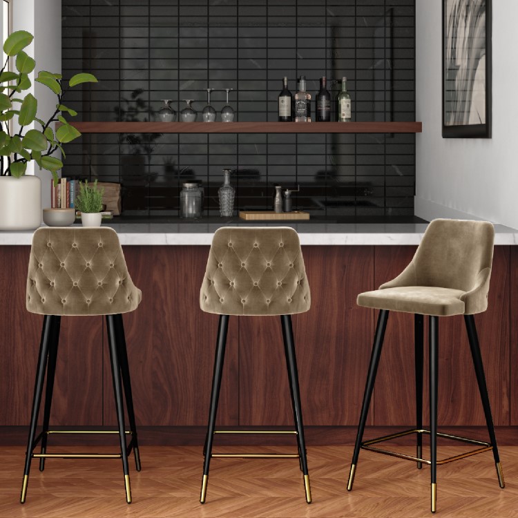 Set of 3 Beige Velvet Bar Stools with Backs - Maddy