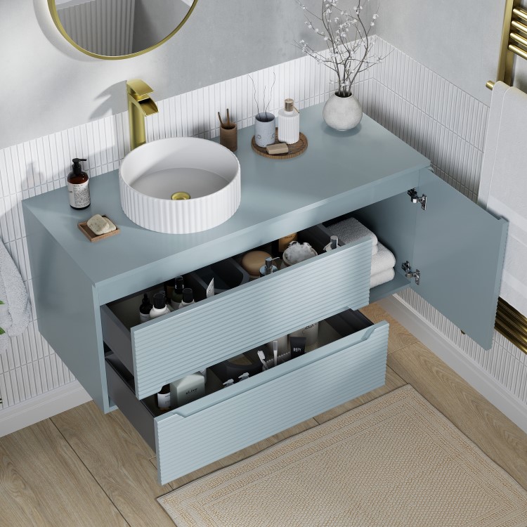 1200mm Blue Fluted Wall Hung Countertop Vanity Unit with Basin - Melbourne