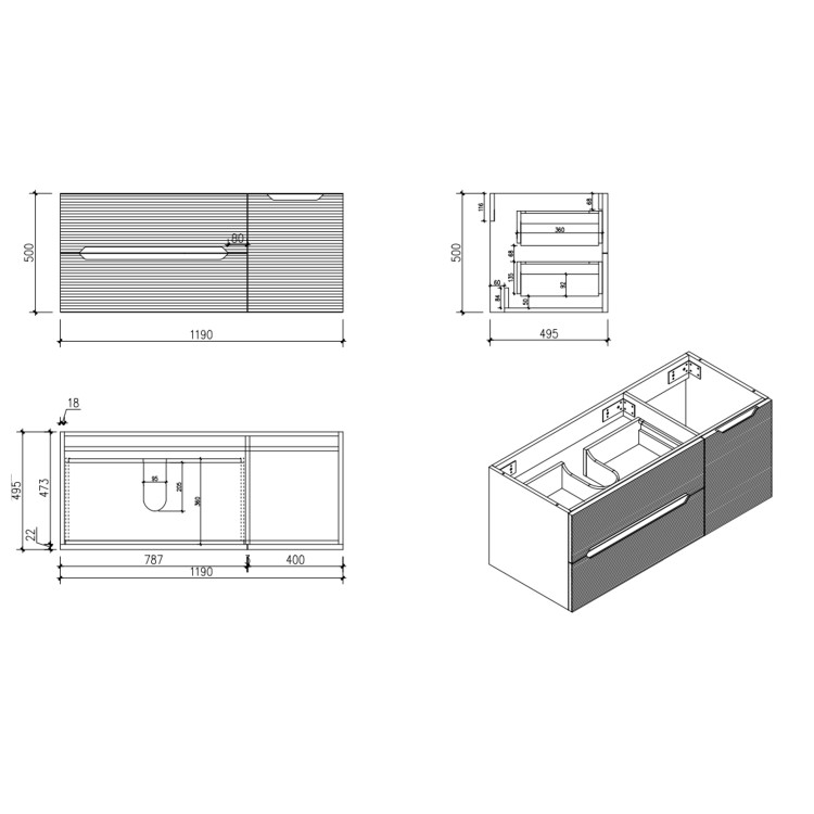 1200mm Blue Fluted Wall Hung Countertop Vanity Unit with Basin - Melbourne