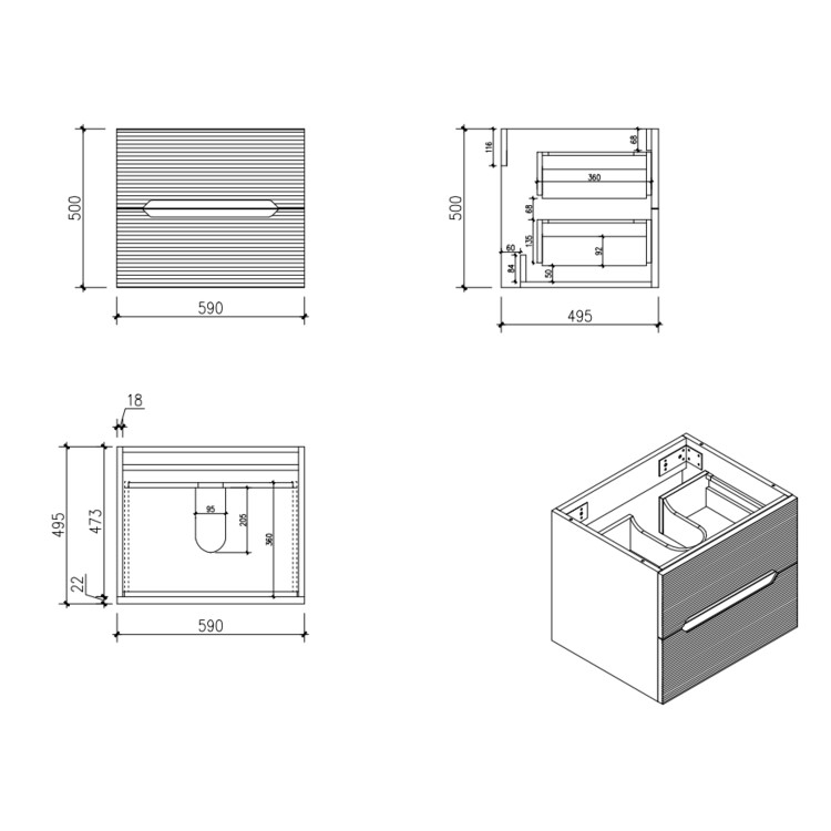 600mm White Fluted Wall Hung Countertop Vanity Unit - Melbourne