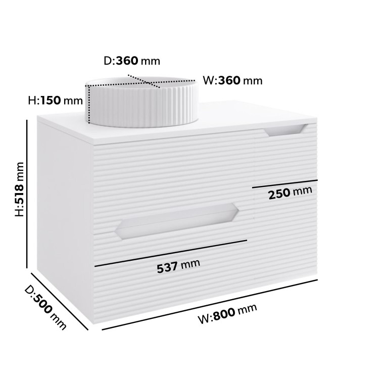 800mm White Fluted Wall Hung Countertop Vanity Unit with Basin – Melbourne