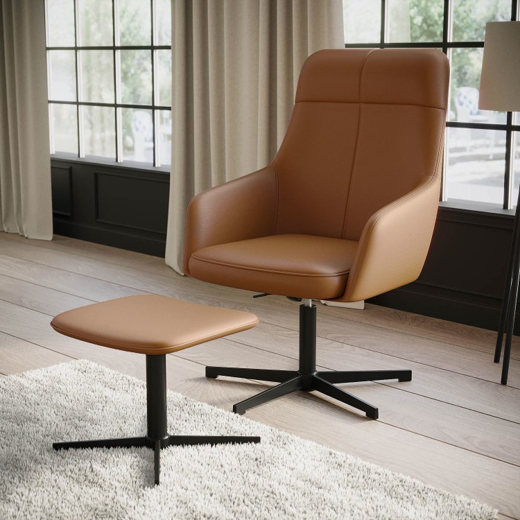 Tan Faux Leather Recliner Swivel Office Chair with Footrest - Mila