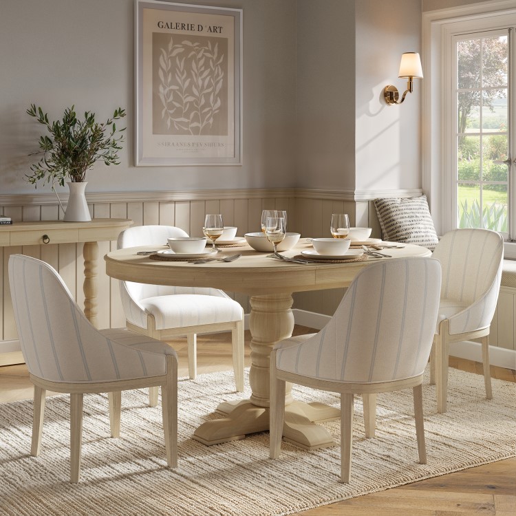 Beige and Blue Striped Upholstered Dining Chair with Solid Wood Legs - Madeline