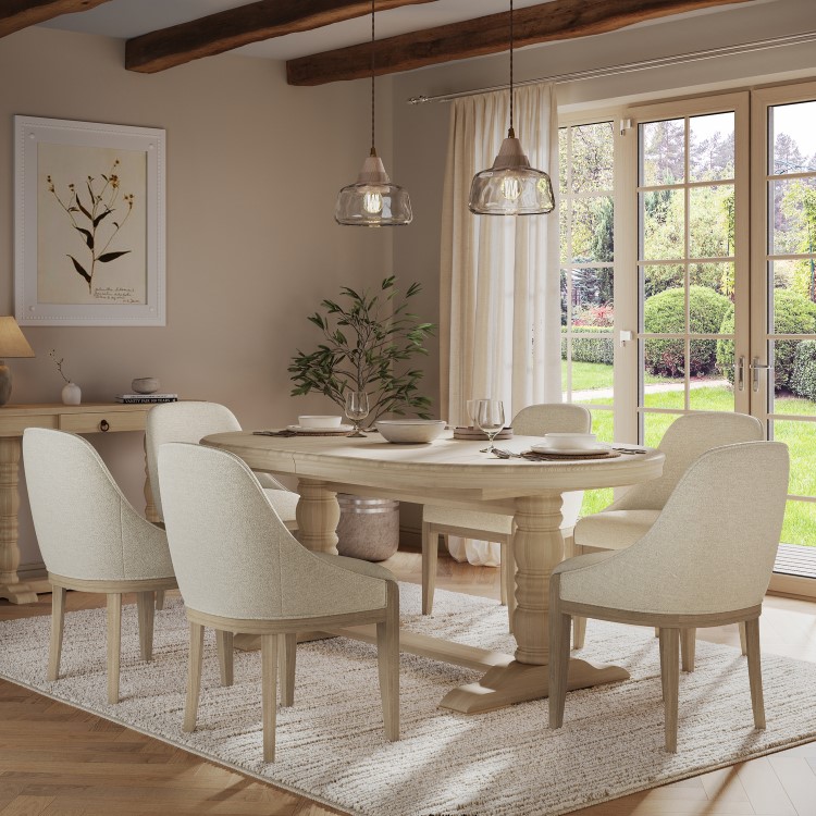 Set of 6 Beige Upholstered Dining Chairs with Solid Wood Legs - Madeline