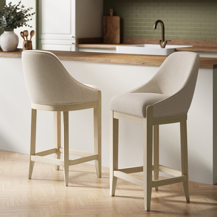 Set of 2 Beige Upholstered Kitchen Stools with Solid Wood Legs - Madeline