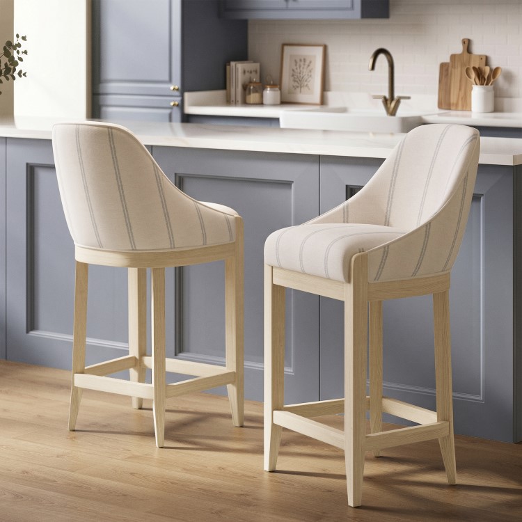 Set of 2 Beige and Blue Striped Upholstered Kitchen Stools with Solid Wood Legs - Madeline