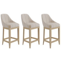 Set of 3 Beige and Blue Striped Upholstered Kitchen Stools with Solid Wood Legs - Madeline