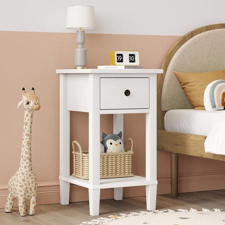 Kids White Wooden Bedside Table with Drawer and Shelf Marlowe