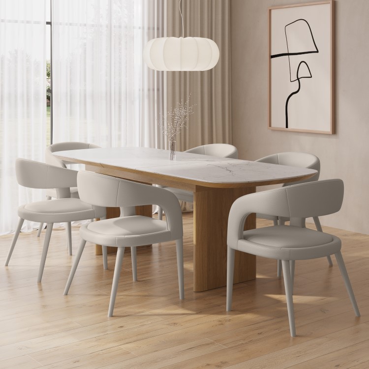 Rectangular Ceramic and Oak Extendable Dining Table Set with 6 Beige Real Leather Chairs - Seats 6 - Marian