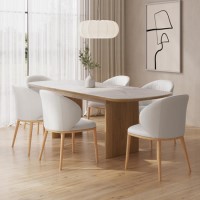 Rectangular Ceramic and Oak Extendable Dining Table Set with 6 Cream Real Leather Chairs - Seats 6 - Marian