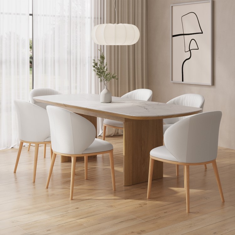 Rectangular Ceramic and Oak Extendable Dining Table Set with 6 Cream Real Leather Chairs - Seats 6 - Marian