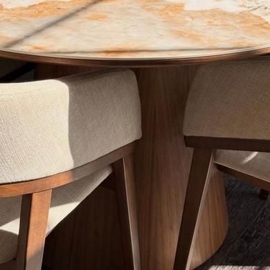 Set of 2 Walnut and Beige Upholstered Curved Dining Chairs - Owen