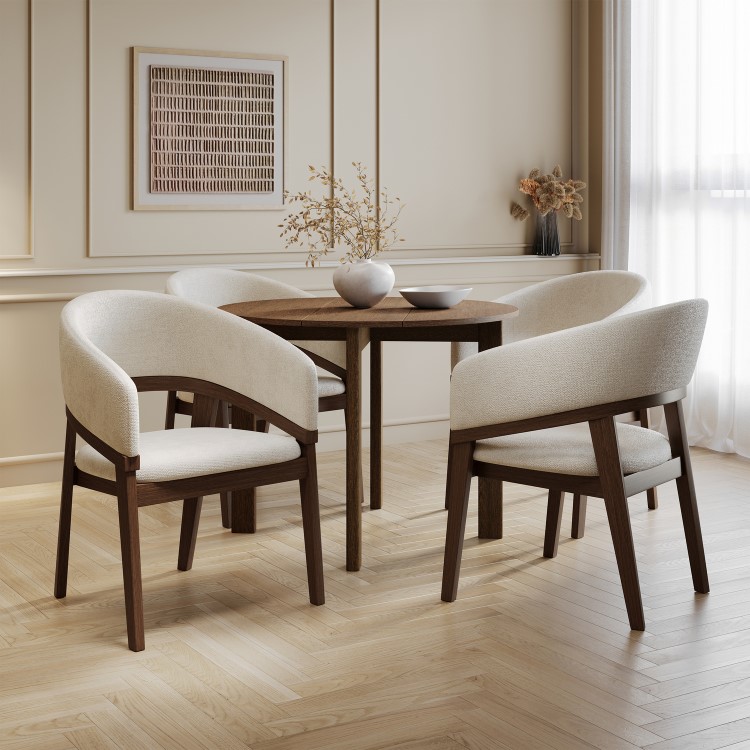 Small Walnut Drop Leaf Extendable Dining Table Set with 2 Upholstered Beige Chairs - Seats 2 - Nell