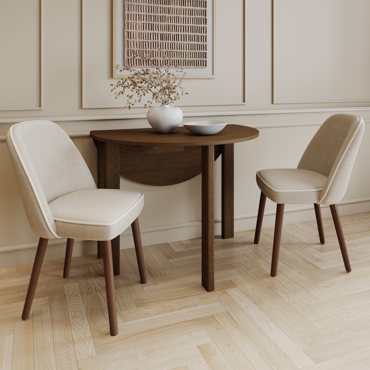 Small Walnut Drop Leaf Extendable Dining Table Set with 2 Upholstered Taupe Chairs - Seats 2 - Nell