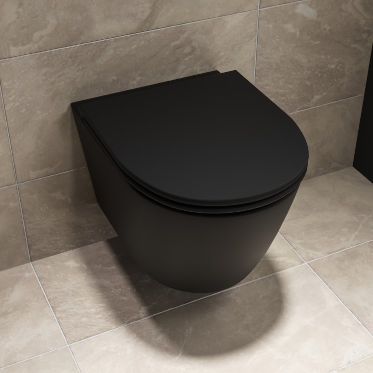 ALMOST PERFECT - Matt Black Wall Hung Rimless Short Projection Toilet with Soft Close Seat – Newport