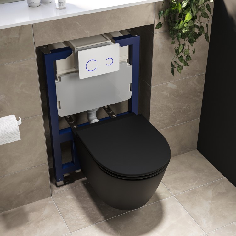 Matt Black Wall Hung Rimless Toilet with Soft Close Seat, White Glass Sensor  Flush Plate, 820mm Frame & Cistern – Newport