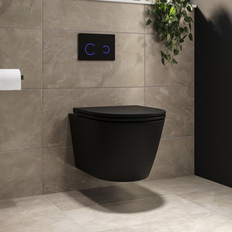 Matt Black Wall Hung Rimless Toilet with Soft Close Seat, Black Glass Sensor Flush Plate, 820mm Frame & Cistern – Newport