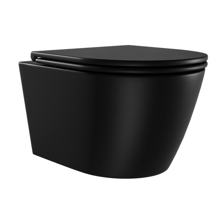 Matt Black Wall Hung Rimless Toilet with Soft Close Seat, Brushed Brass Pneumatic Flush Plate, 1168mm Frame & Cistern – Newport