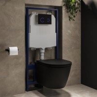 Matt Black Wall Hung Rimless Toilet with Soft Close Seat, Black Glass Sensor Flush Plate, 1168mm Frame & Cistern – Newport