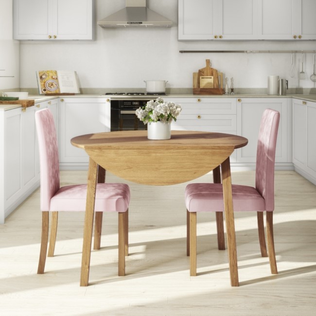 Round Oak Drop Leaf Dining Table & 2 Pink Velvet Chairs