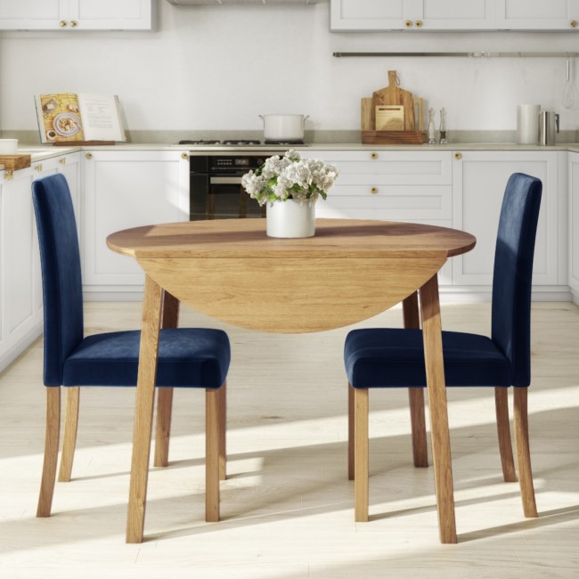 Round Oak Drop Leaf Dining Table & 2 Blue Velvet Chairs - New Haven