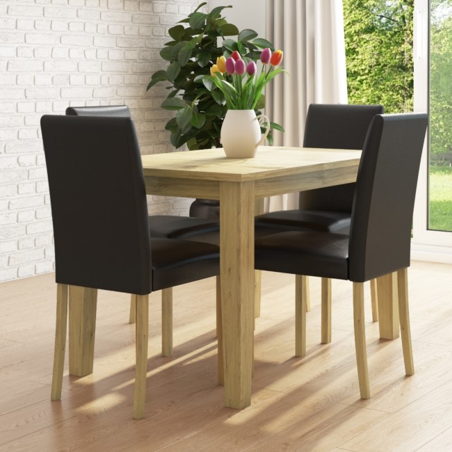 New Haven Oak Extendable Dining Set with 4 Black Leather Dining Chairs