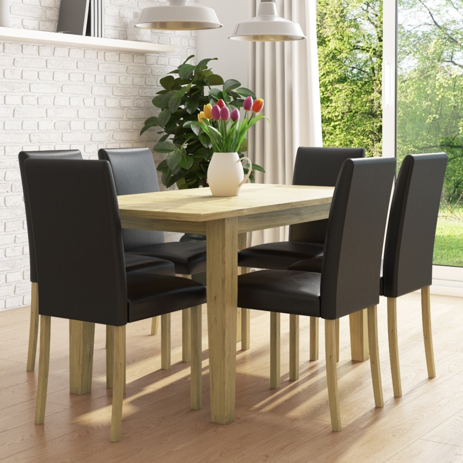 New Haven Oak Extendable Dining Set With 6 Black Leather Dining