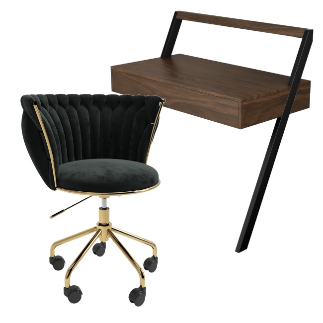 Walnut & Black Velvet Office Leaning Desk and Chair Set - Nico