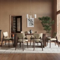 Walnut Dining Table Set with 6 Beige Faux Leather Curved Back Dining Chairs - Noor