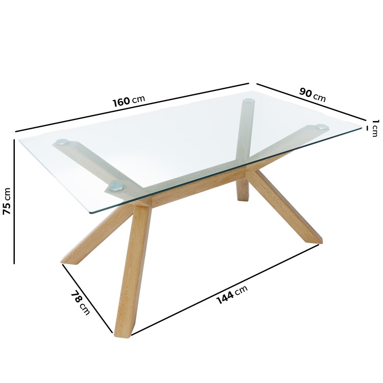 Rectangle Solid Oak Glass Top Dining Table with 6 Tan Faux Leather Dining Chairs - Nori
