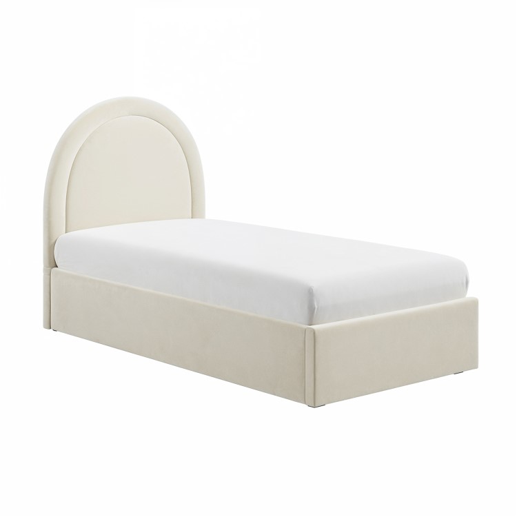 Cream Velvet Single Side-Lift Ottoman Bed with Curved Headboard - Nora