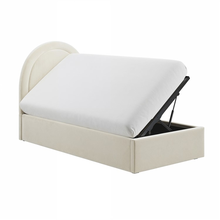 Cream Velvet Single Side-Lift Ottoman Bed with Curved Headboard - Nora