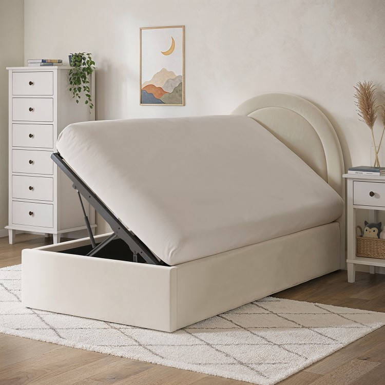 Cream Velvet Single Side-Lift Ottoman Bed with Curved Headboard - Nora