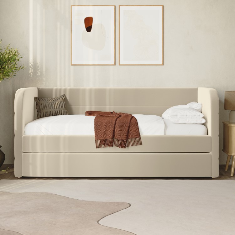 Velvet Single Day Bed with Pull Out Trundle in Beige - Newton